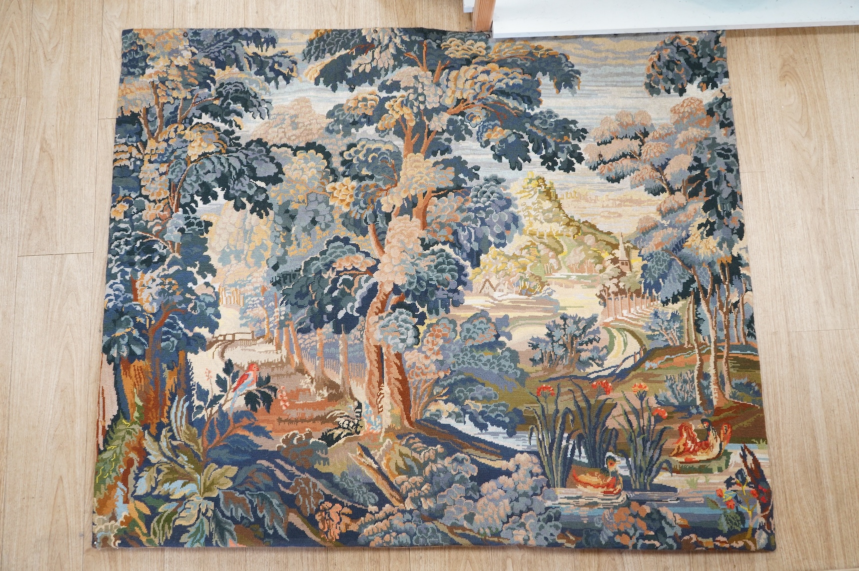 A group of three large modern wool work unframed panels together with two similar framed panels, largest framed panel 138cm x 86cm